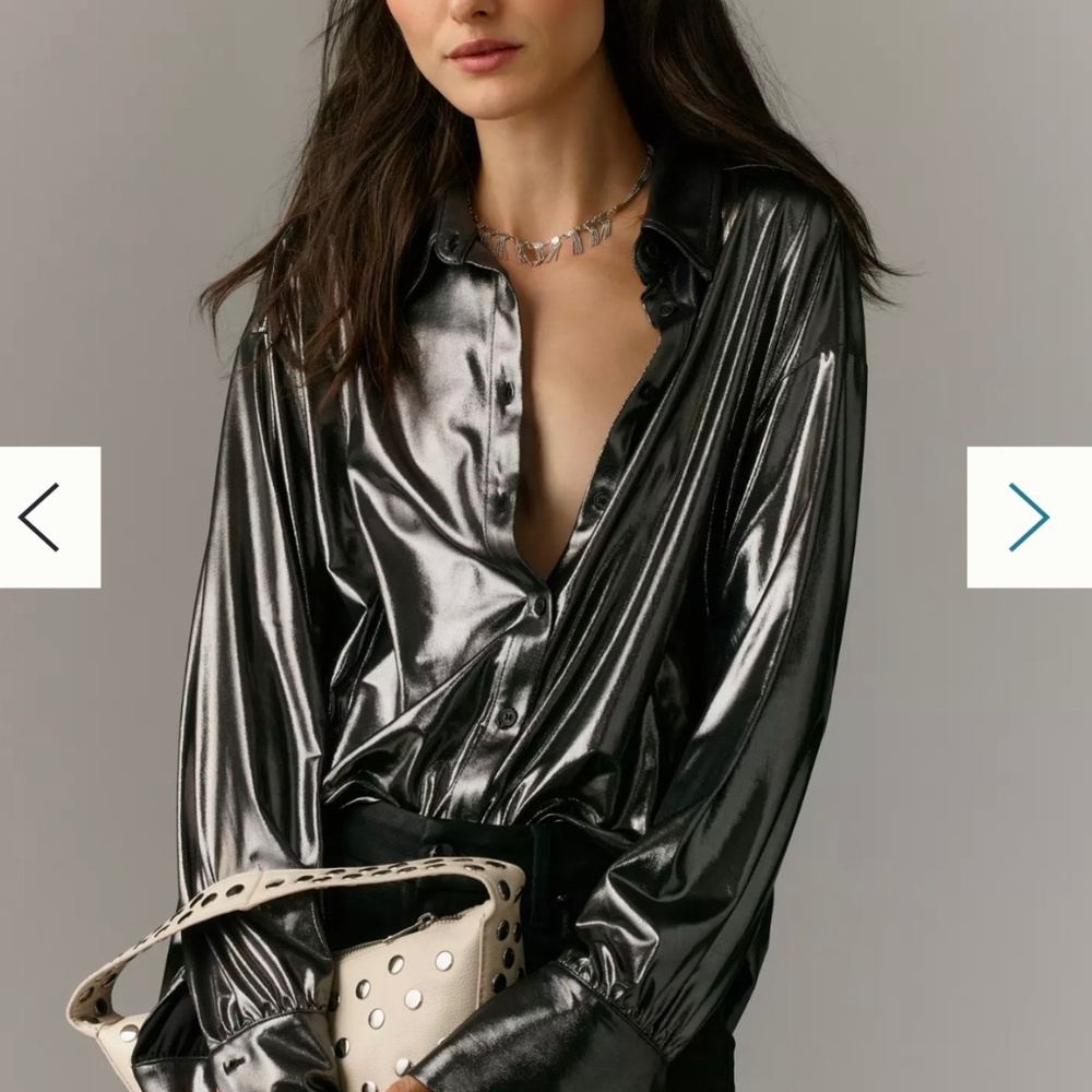 NWT NEWAnthropologie Shine Metallic Button Down Shirt - Black Gunmetal Silver XS